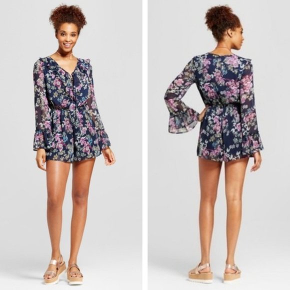 Xhilaration Pants - Floral Ruffled Lace Up Long Sleeve Romper